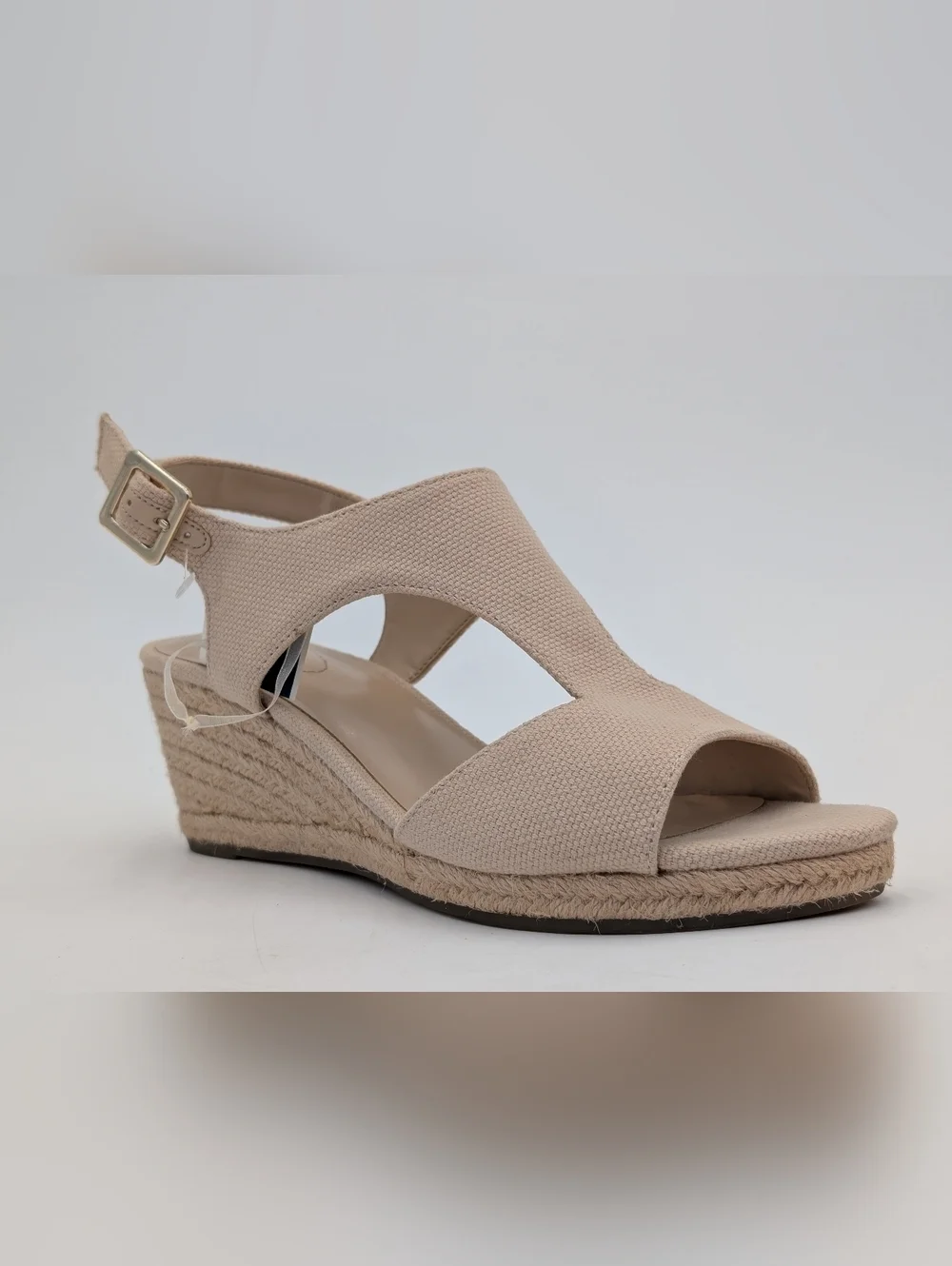 NWT Bandolino Sz 8 Neutral Tan Espadrille Wedge Gold Color Buckle Ankle Straps